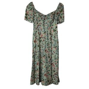 LK Bennett London Dress Sz 6 Sage Green Floral Puff Sleeve Smocked Bodice Midi